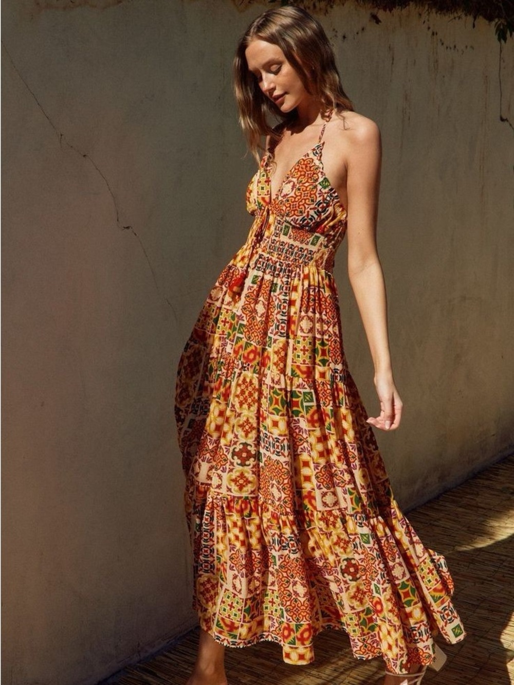 Bohemian Tile-Print Halter Maxi Dress Small Boho 100% cotton